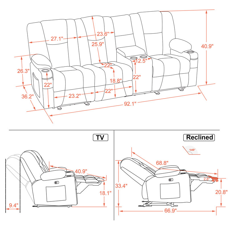 Power Reclining Sofa with Heat and Massage, USB Ports, Cup